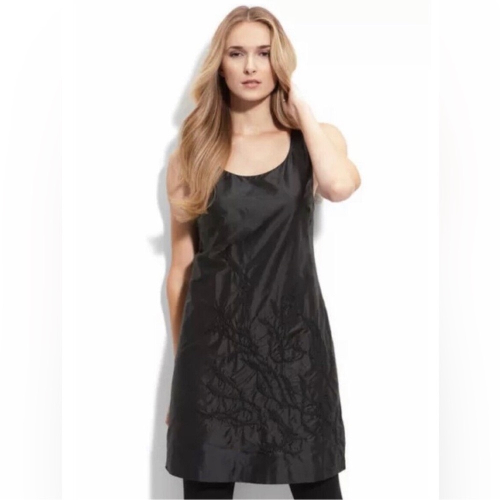 Eileen Fisher Black Silk Taffeta Embroidered Kala Tunic Dress Size Medium